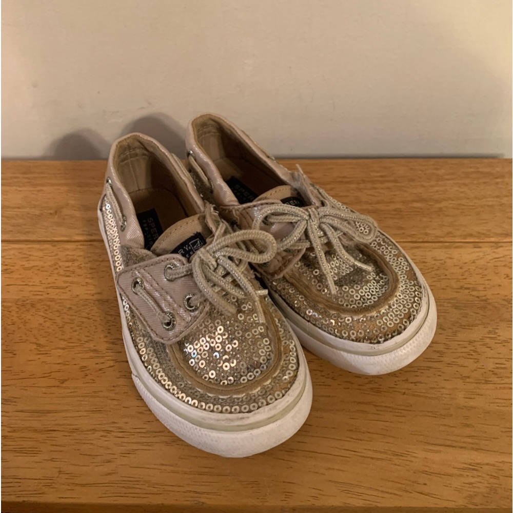 Sperry Bahama Jr Silver Top Sliders Gold Sequin Toddler Size 8.5M